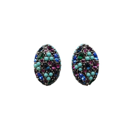 Joan Rivers Mosaic Multi Color Rhinestones Egg Shape Earrings Clip on Vintage - Picture 1 of 6